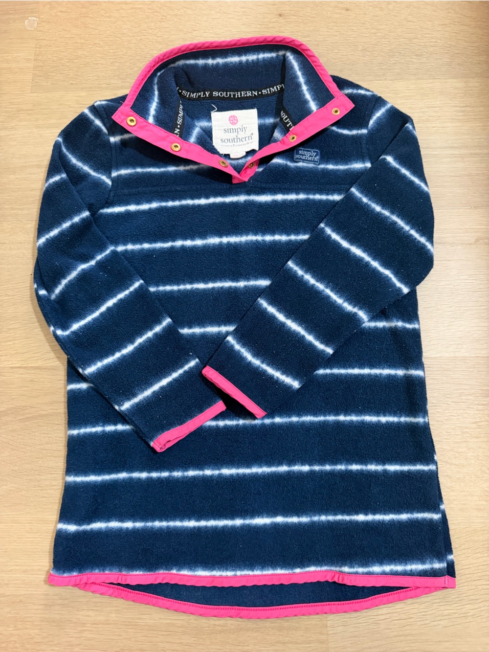 Simply Southern Kids Navy Stripe collared quarter button down with Hot Pink Trim